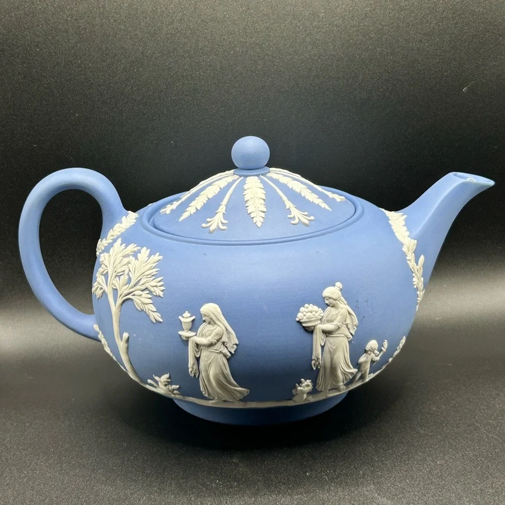 VTG Wedgwood England Blue Jasperware Collectible Greco Roman Motif Teapot, Lid - Picture 2 of 16